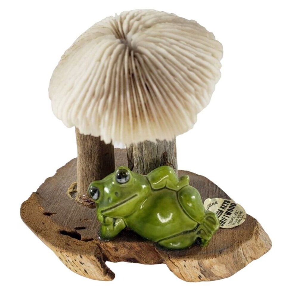 Mid-Century Magic Mushroom Sculpture Coral Driftwood Ceramic Frog Vintage